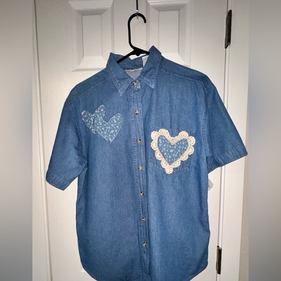 Vintage Heart Patch Cottagecore Denim Button Up Country Grandma Shirt - Picture 3 of 6